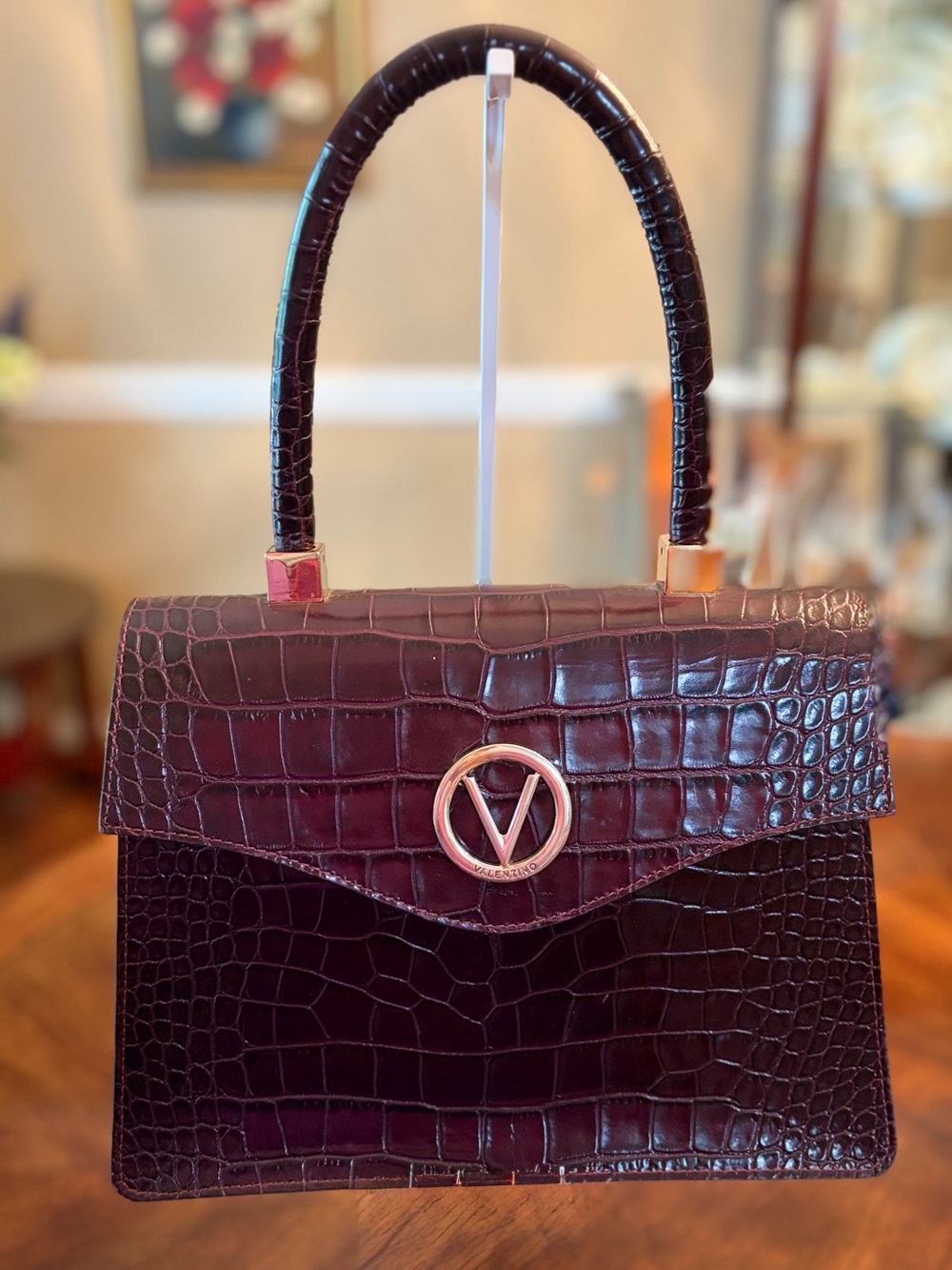Valentino “Melanie”Croc-Embossed Leather Top-Handle Satchel in Burgundy
